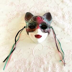 Vintage Ceramic Mardi Gras Cat Mask Wall Hanging Clay Art San Francisco 1992